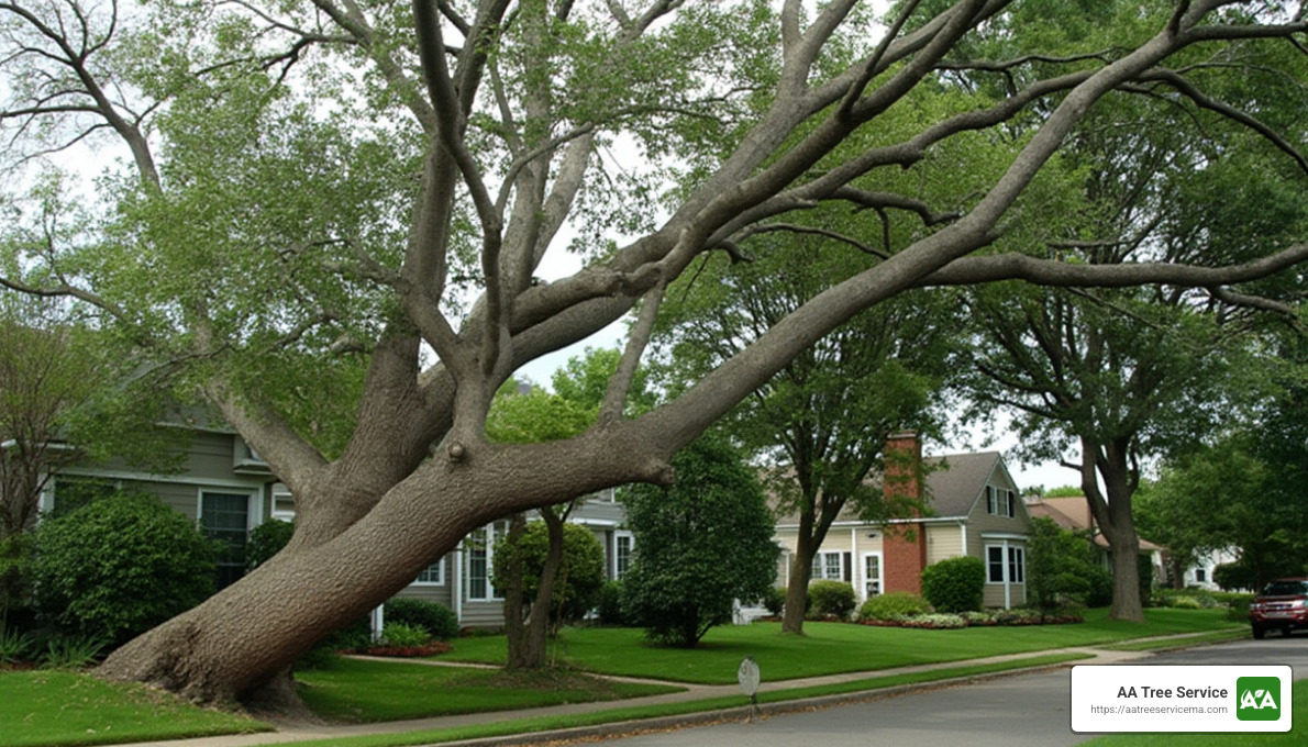 Example of a leaning tree posing a hazard - tree removal north reading ma Example of a leaning tree posing a hazard - tree removal north reading ma
