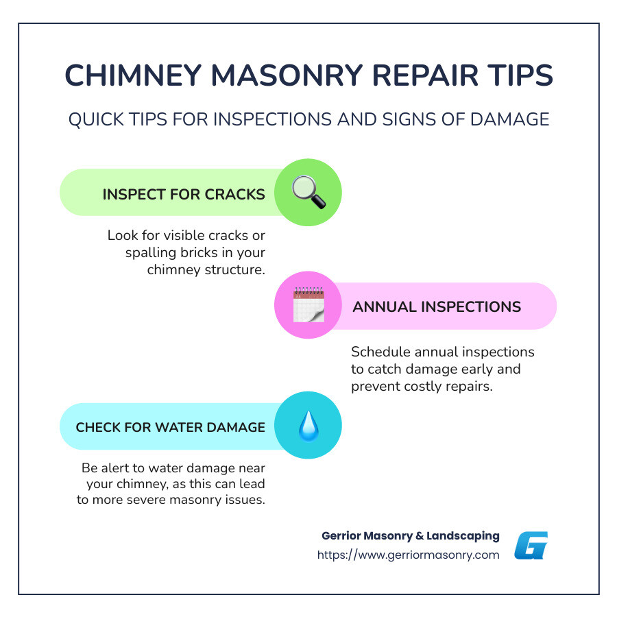 Masonry Chimney Repair: A Complete Guide 2 Infographic detailing quick tips for chimney masonry repair inspections and signs of damage, with visual depictions of spalling bricks, mortar joint issues, and appropriate tools for repair. - chimney masonry repair infographic infographic-line-3-steps-colors