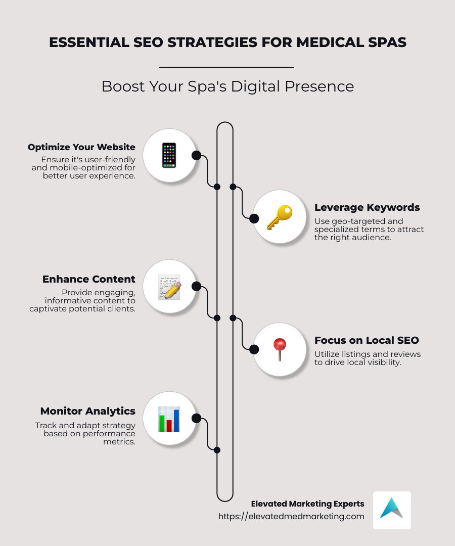Infographic summarizing the main SEO strategies for medical spas: website optimization, keyword leverage, content improvement, local SEO, analytics monitoring. - medical spa seo experts infographic infographic-line-5-steps-neat_beige