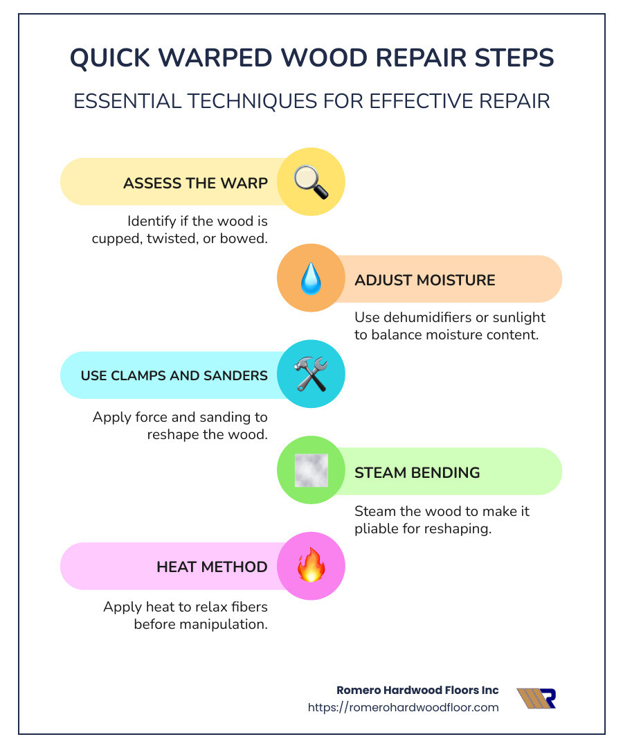 Infographic on quick warped wood repair techniques - warped wood repair infographic infographic-line-5-steps-colors