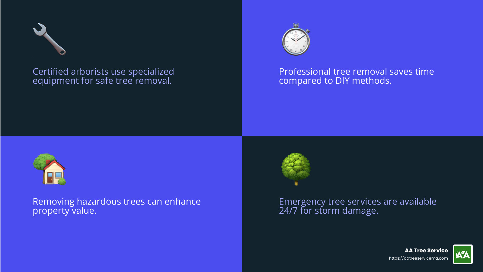 "Professional tree removal can increase property value and safety." - AA Tree Service - tree removal salem nh infographic 4_facts_emoji_blue "Professional tree removal can increase property value and safety." - AA Tree Service - tree removal salem nh infographic 4_facts_emoji_blue