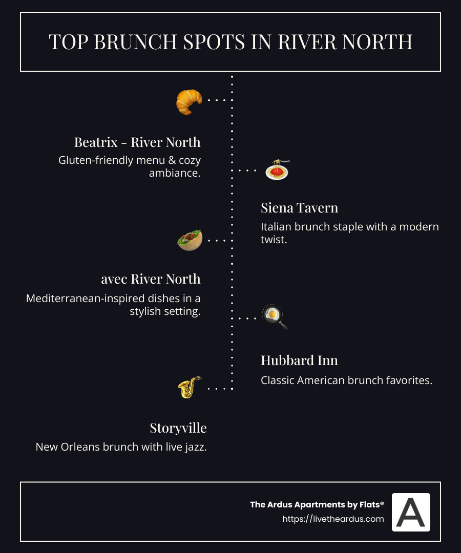 Infographic showing top River North brunch spots and their features - River North brunch spots infographic infographic-line-5-steps-dark