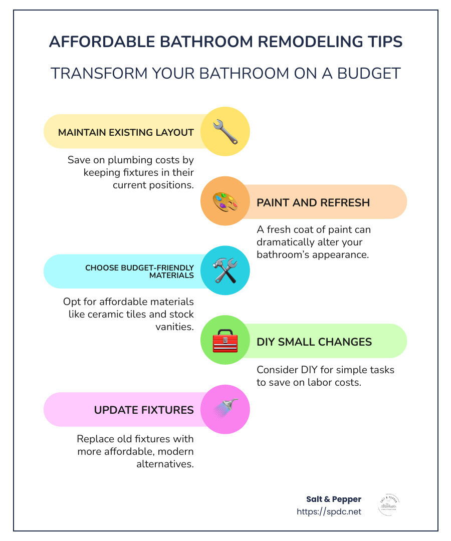 Infographic showing the key points for affordable bathroom remodeling, including maintaining existing layout, using budget-friendly materials, and adding fresh paint - Affordable bathroom remodeling infographic infographic-line-5-steps-colors