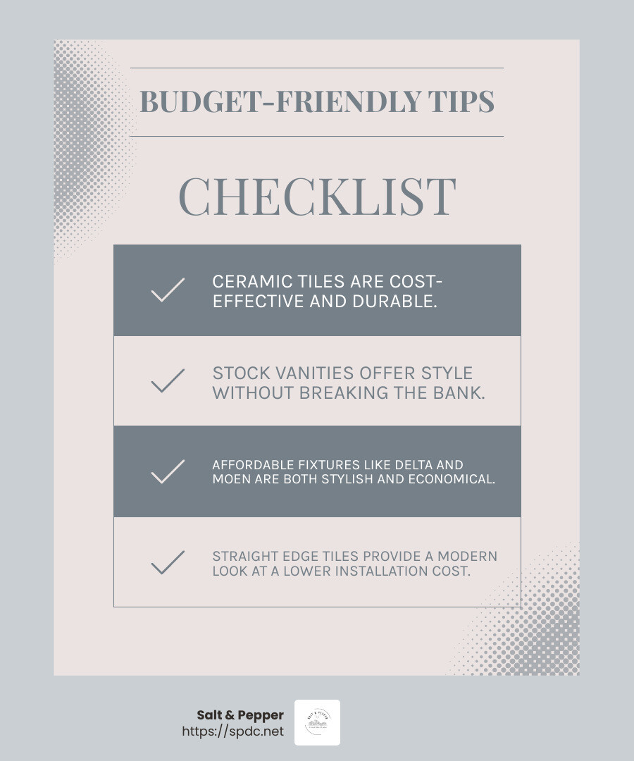 Ceramic tiles offer both affordability and durability, making them a smart choice for bathroom remodels. - Affordable bathroom remodeling infographic checklist-light-blue-grey