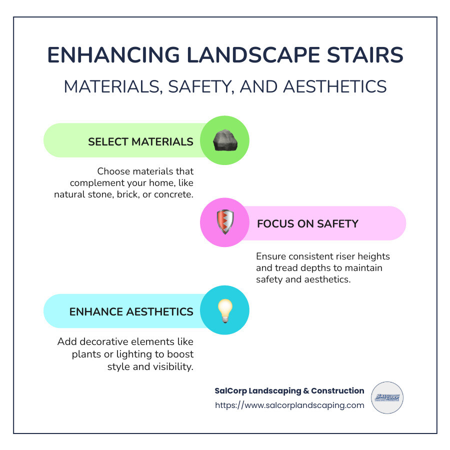 Infographic on landscape stair materials and design features that improve landscape stairs, including examples of materials, decorative elements, lighting, and considerations for permits. - landscape stairs infographic infographic-line-3-steps-colors
