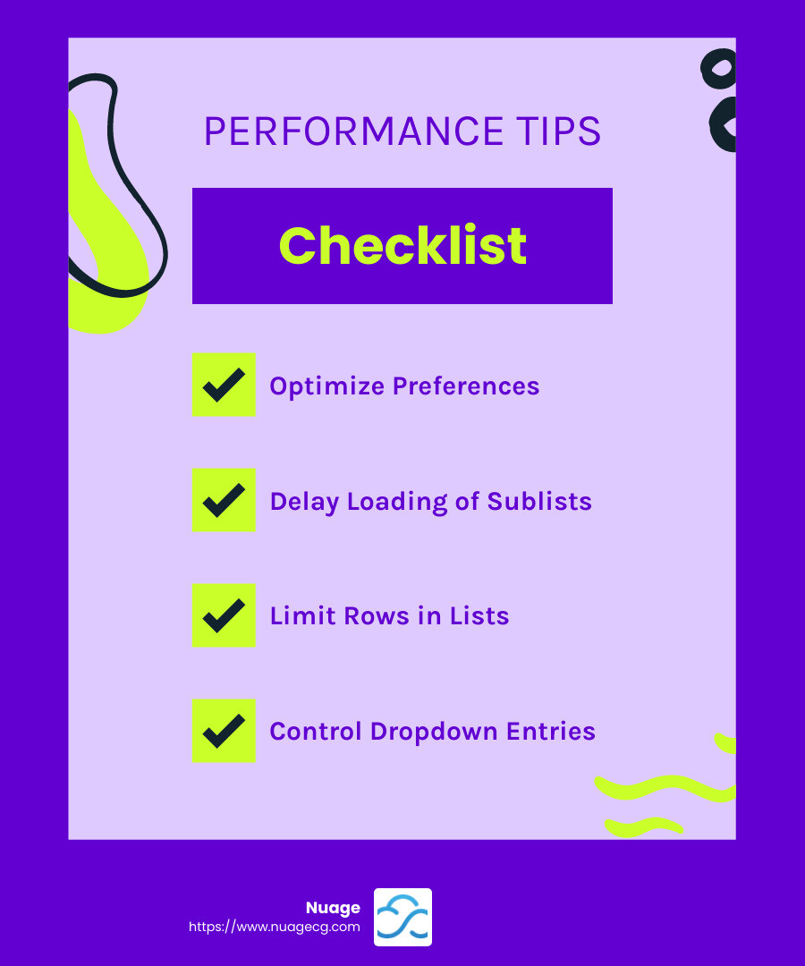 Adjusting these settings can significantly improve the speed and efficiency of your NetSuite experience. - Improve NetSuite performance infographic checklist-fun-neon