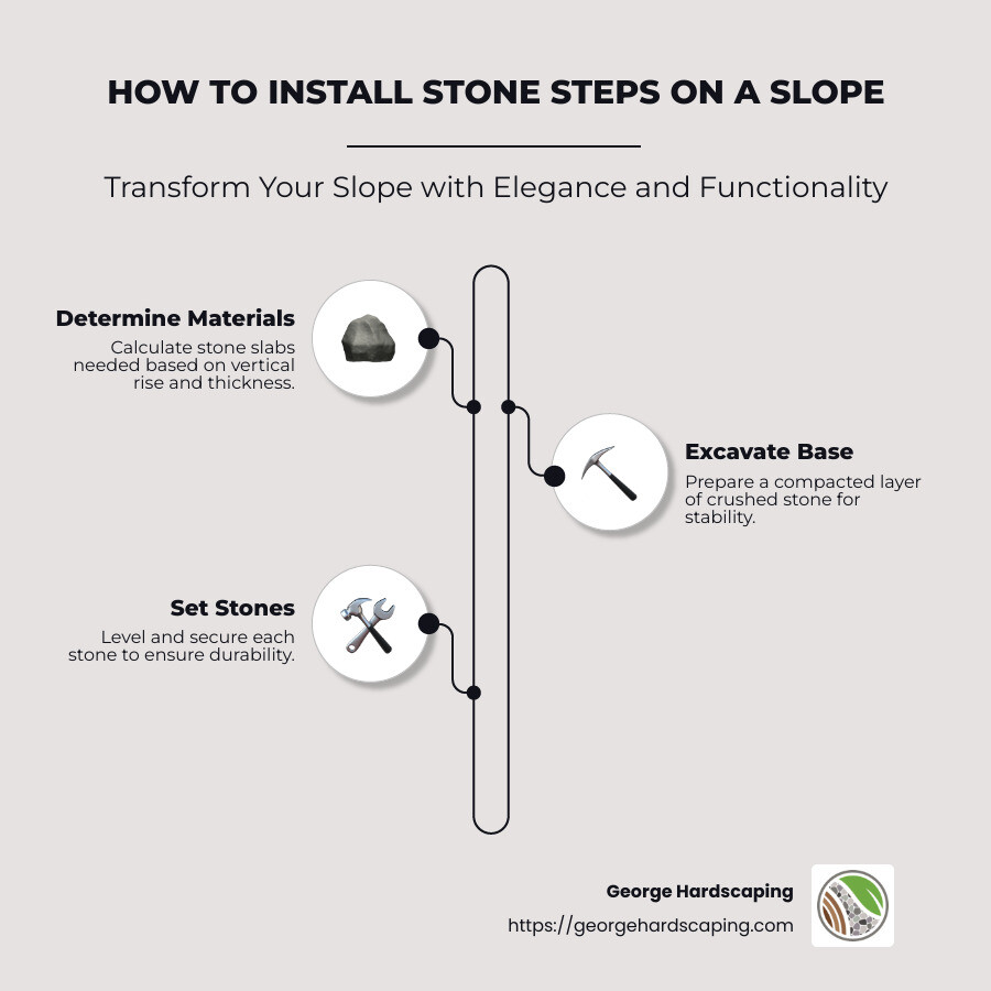 Infographic: Guide to Installing Stone Steps - Determine number of slabs, Excavate and prepare base, Set and level stones - how to install stone steps on a slope infographic infographic-line-3-steps-neat_beige