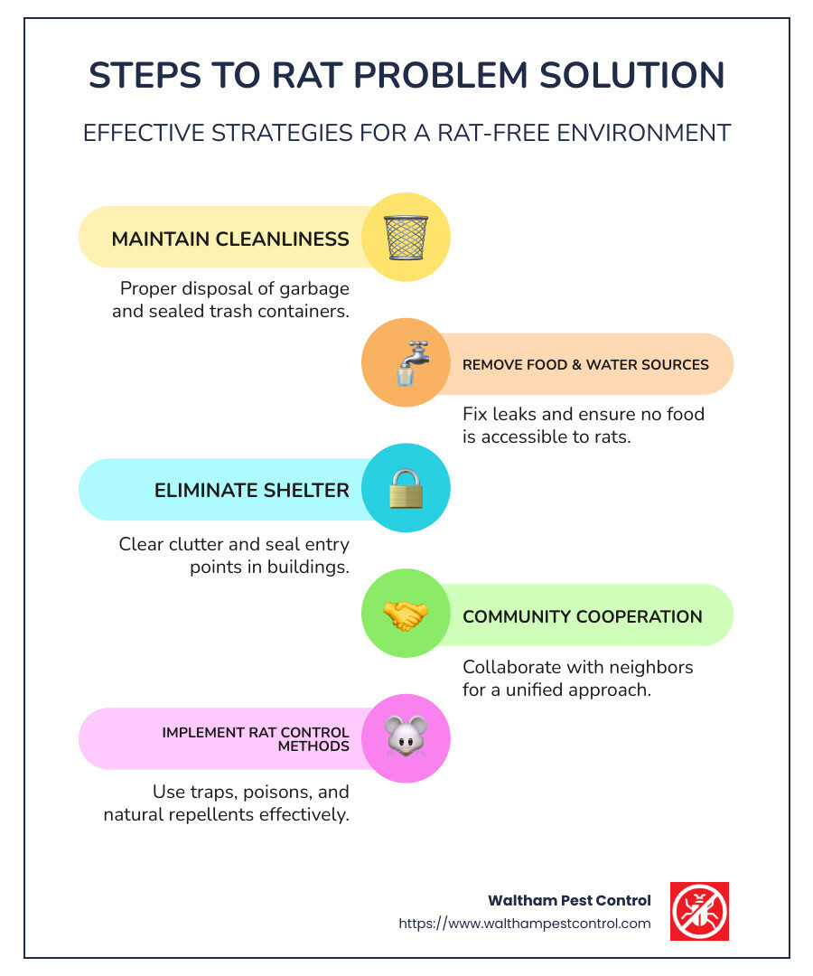 Infographic showing steps and tips for effective rat problem solutions and community involvement - rat problem solution infographic infographic-line-5-steps-colors