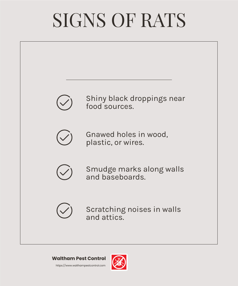 Rats leave behind various signs that indicate their presence, including droppings and gnawed items. - rat problem solution infographic checklist-light-beige