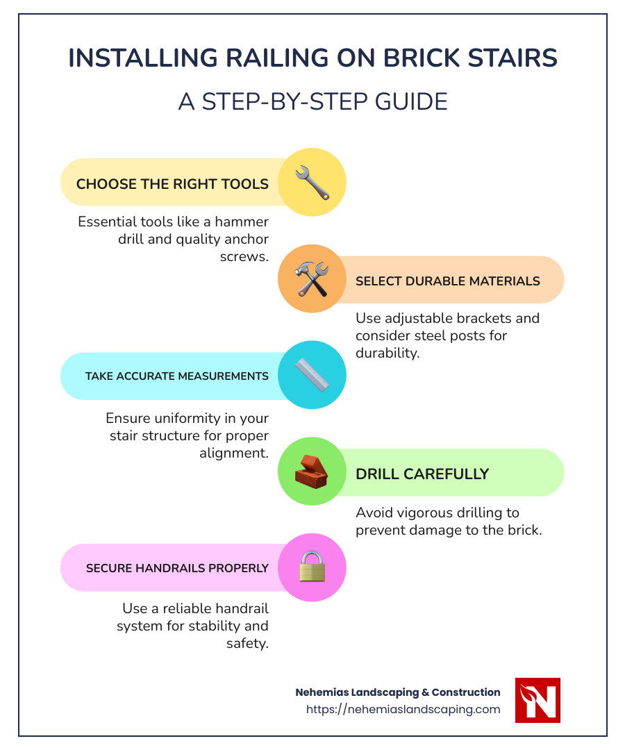 Step-by-step infographic on installing railing on brick stairs, featuring tools needed, preparation steps, drilling technique, railing attachment, and final adjustments. - how to install railing on brick stairs infographic infographic-line-5-steps-colors
