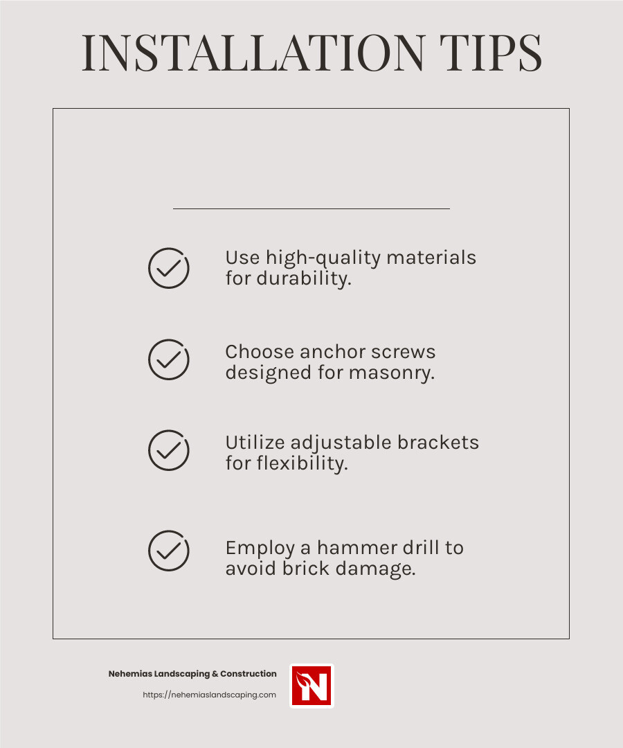 Quality tools and materials can simplify the installation process and improve the durability of your railing. - how to install railing on brick stairs infographic checklist-light-beige