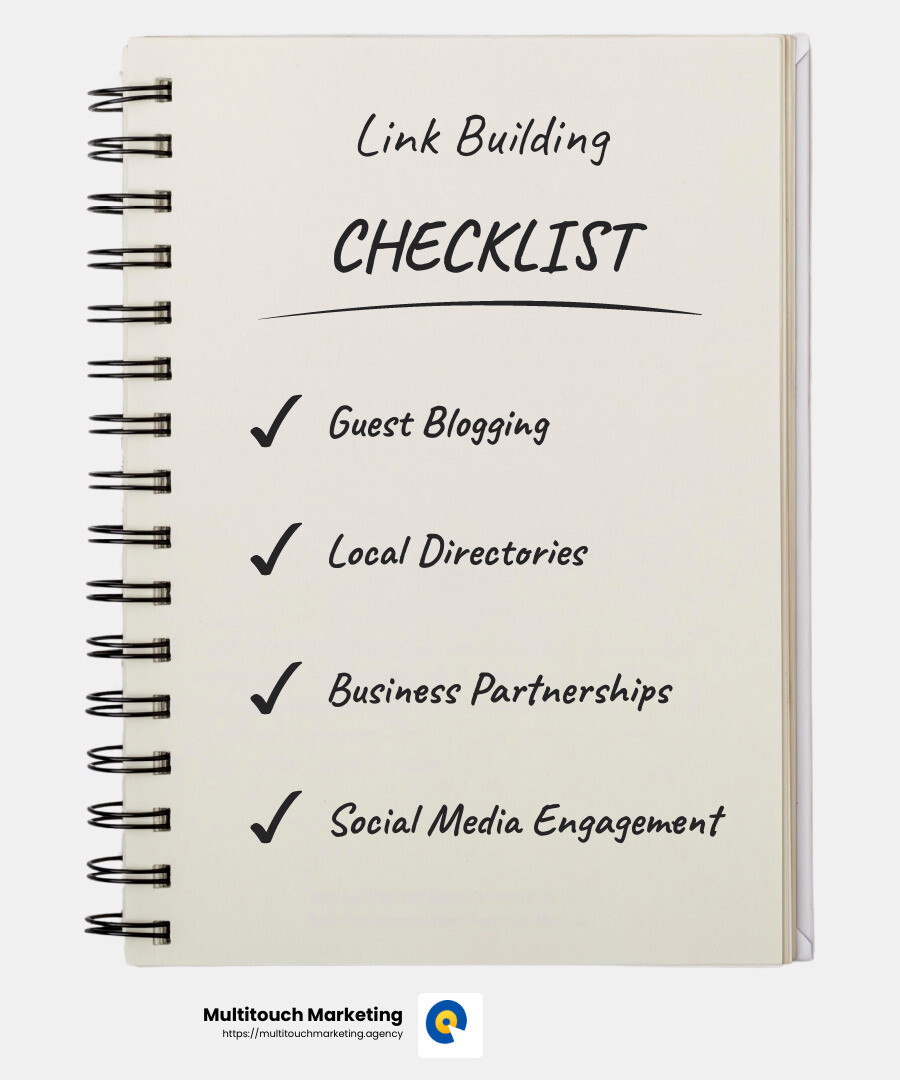 Infographic detailing various link-building strategies including guest blogging, local business directories, partnerships, and social media engagement for enhancing local SEO in Raleigh - local seo raleigh infographic checklist-notebook