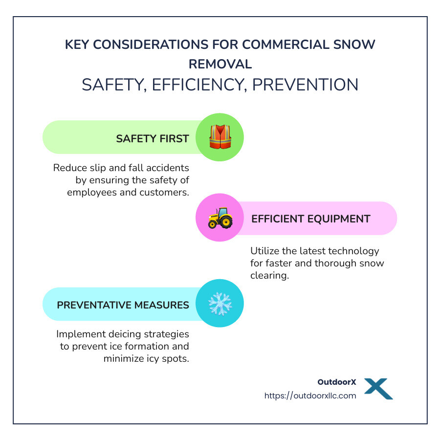 Infographic detailing key considerations for commercial snow removal such as 'Safety First', 'Efficient Equipment', 'Preventative Measures' - commercial snow removal infographic infographic-line-3-steps-colors
