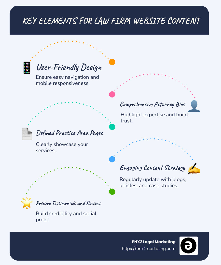 Infographic showing how content lifts law firm websites, including elements like design, bios, and SEO - content for law firm website infographic infographic-line-5-steps-blues-accent_colors