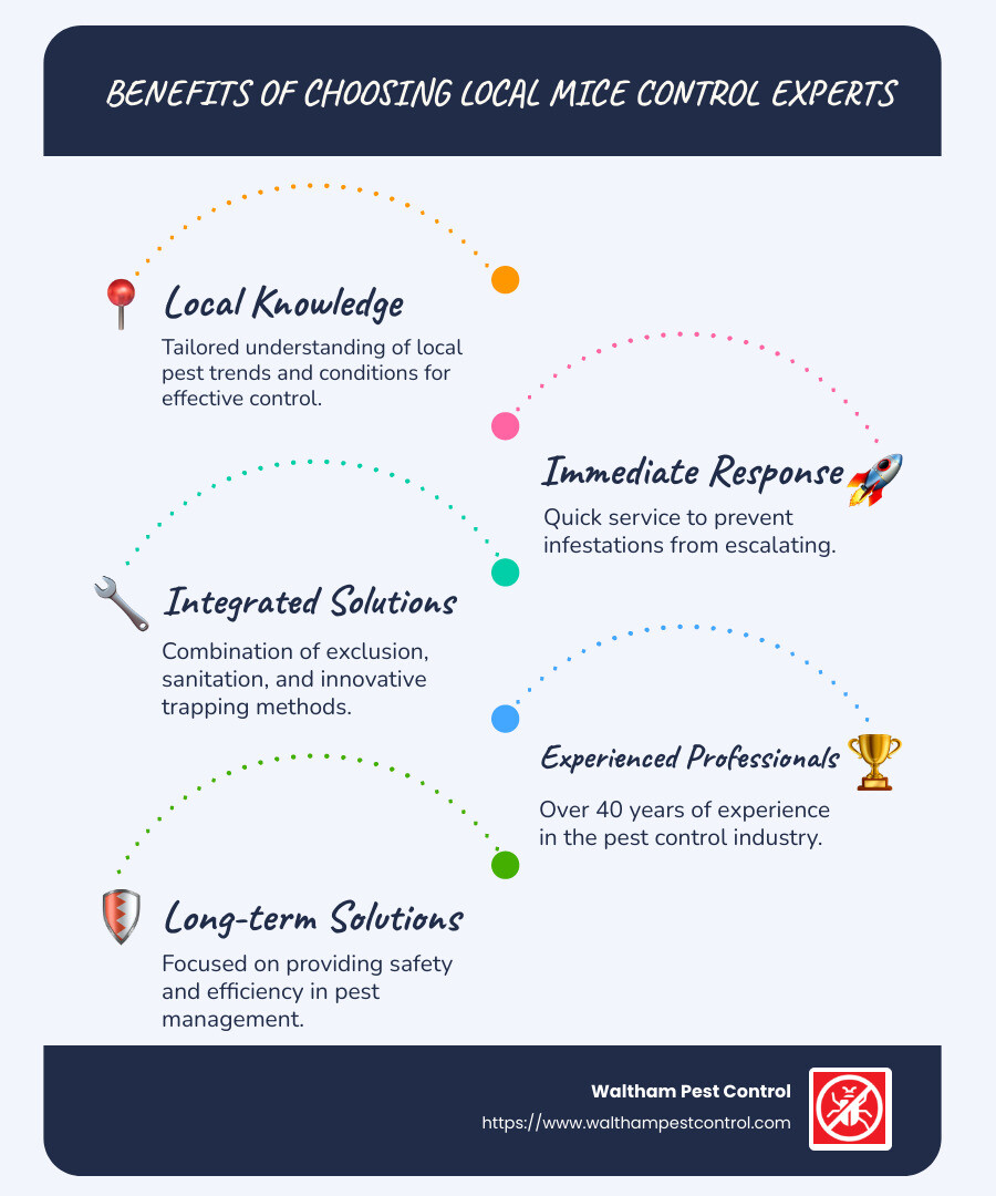 Infographic showing local pest control services, immediate response, and integrated solutions - best mice control near me infographic infographic-line-5-steps-blues-accent_colors