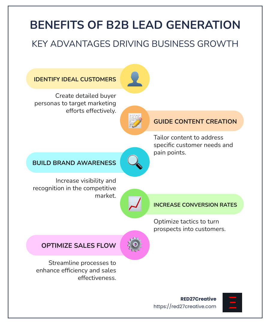 B2B Lead Generation 101: How to Attract and Convert Ideal Buyers • b2b lead generation • RED27Creative Infographic detailing benefits of b2b lead generation - b2b lead generation infographic infographic-line-5-steps-colors