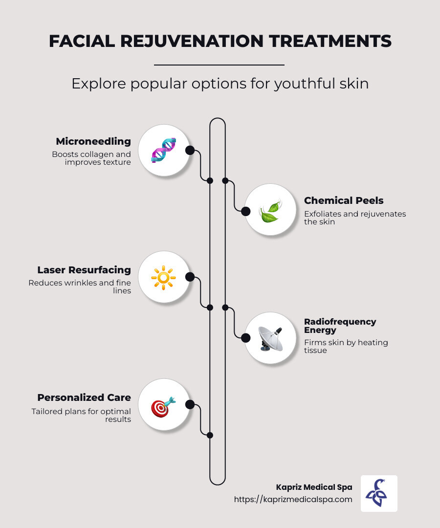 Infographic detailing different skin rejuvenation treatments available, including microneedling, chemical peels, and laser resurfacing, and their benefits such as collagen boosting, improved texture, and wrinkle reduction - Facial Rejuvenation Jacksonville infographic infographic-line-5-steps-neat_beige