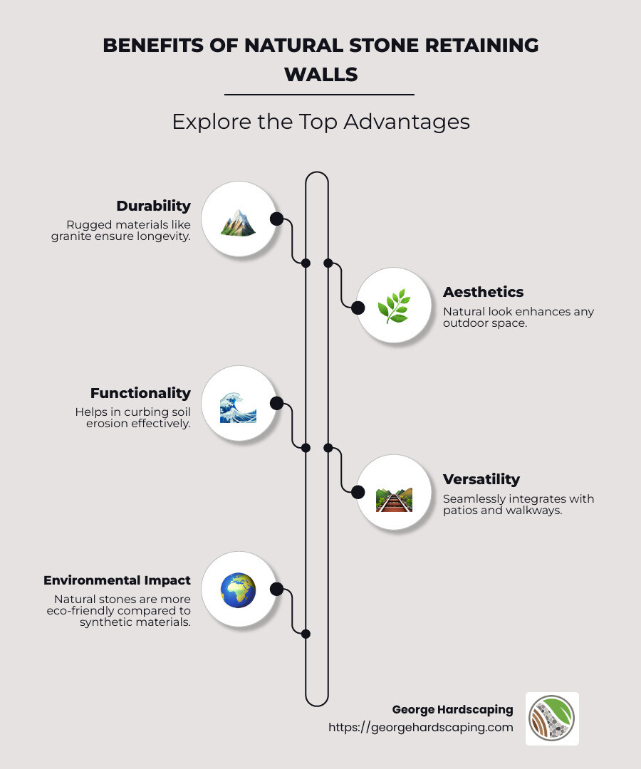 Infographic illustrating benefits of natural stone retaining walls including, durability, aesthetics, and functionality for outdoor spaces in Essex County MA - Natural stone retaining walls infographic infographic-line-5-steps-neat_beige