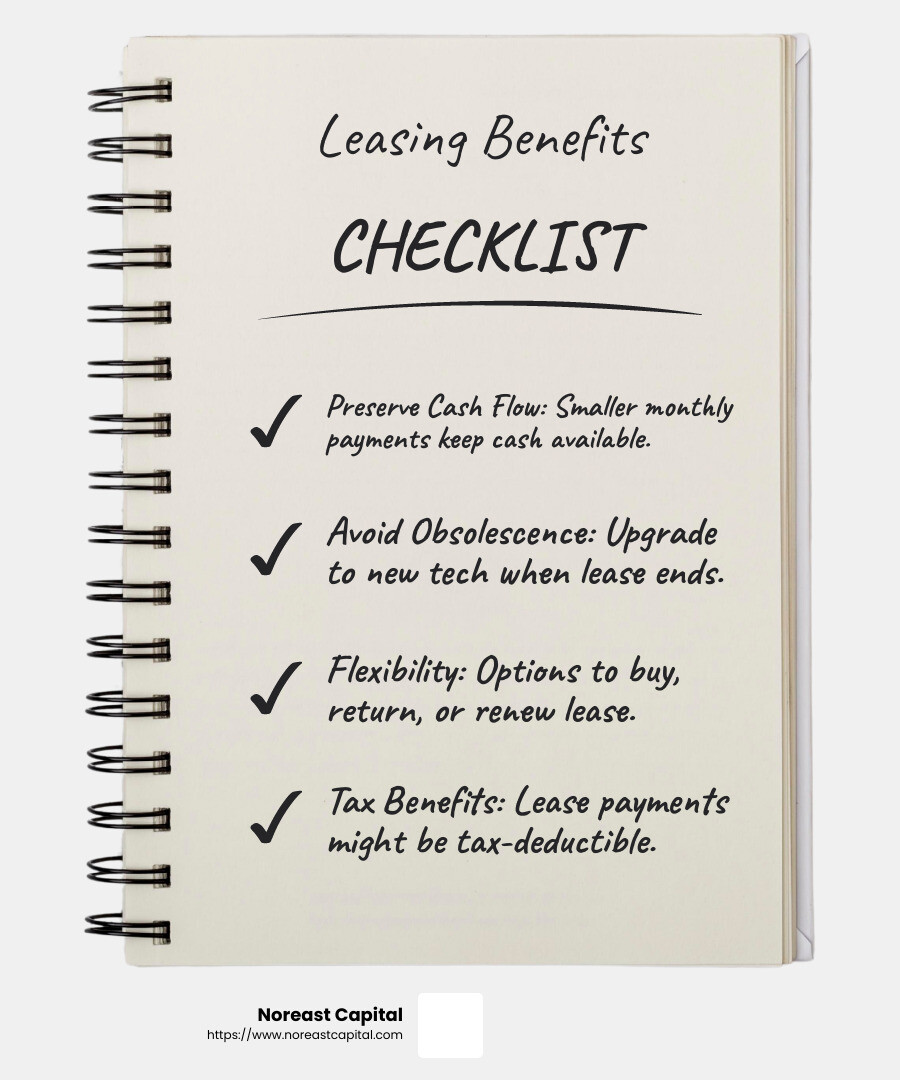Tax benefits of leasing can lead to significant savings for businesses. - equipment leasing Washington DC infographic checklist-notebook