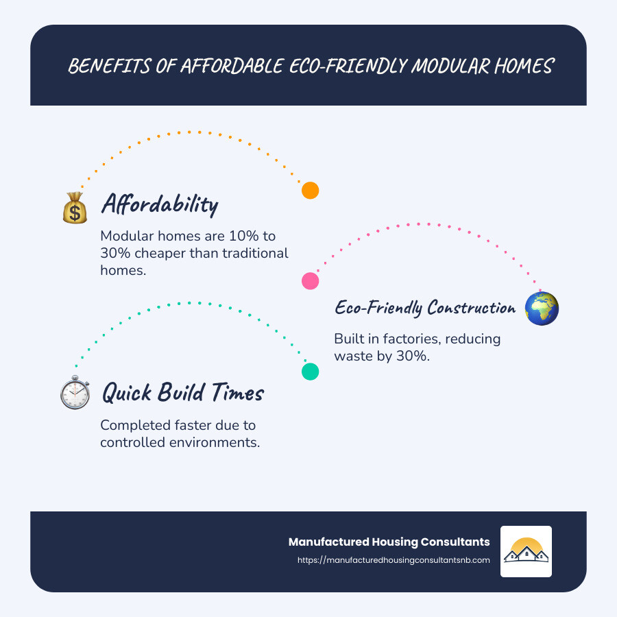 infographic highlighting affordability, eco-friendly features, and quick build times of modular homes - affordable eco friendly modular homes infographic infographic-line-3-steps-blues-accent_colors