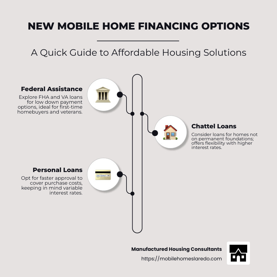 Infographic detailing various new mobile home financing options, including eligibility criteria and interest rate comparisons. - new mobile home financing infographic infographic-line-3-steps-neat_beige
