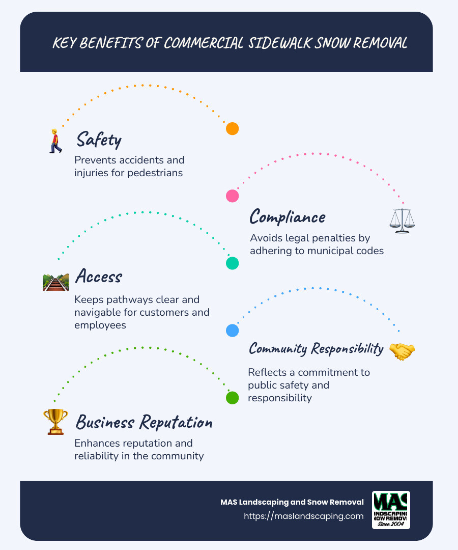 Infographic showing benefits of commercial sidewalk snow removal: improved safety, compliance with local laws, improved accessibility, community responsibility, and business reputation. - commercial sidewalk snow removal infographic infographic-line-5-steps-blues-accent_colors