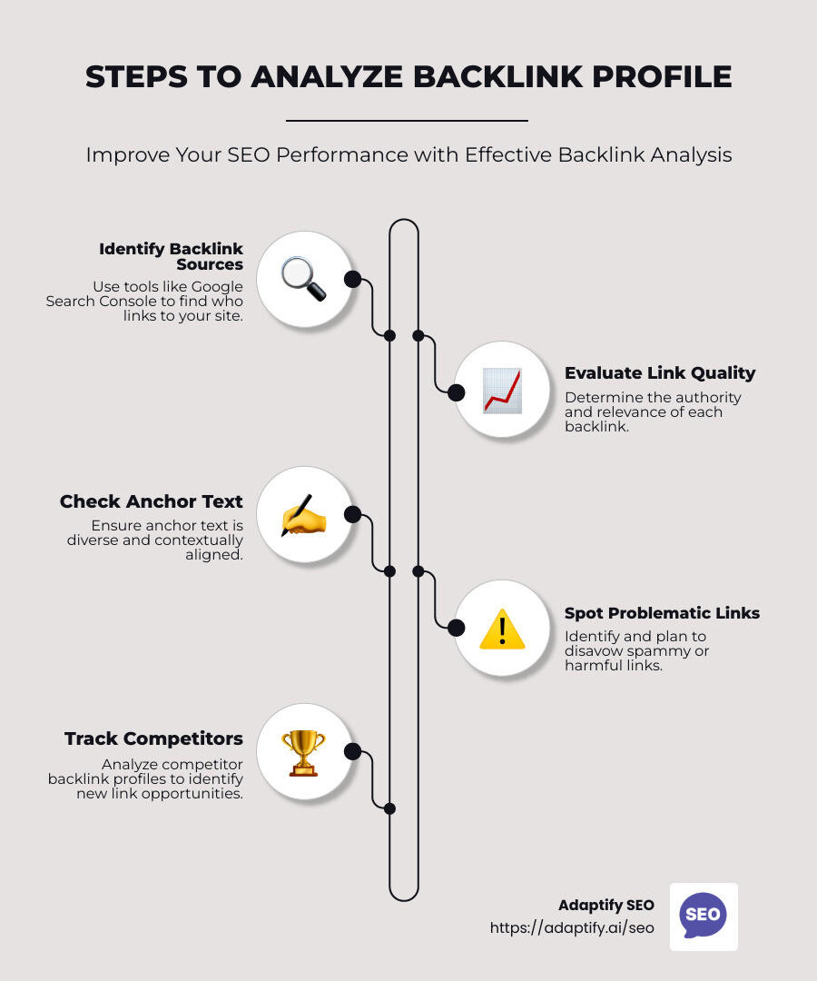 Infographic detailing the quick steps to analyze backlink profile and its impact on SEO, showcasing backlink quality, volume, and action items to improve SEO performance. - analyze backlink profile infographic infographic-line-5-steps-neat_beige