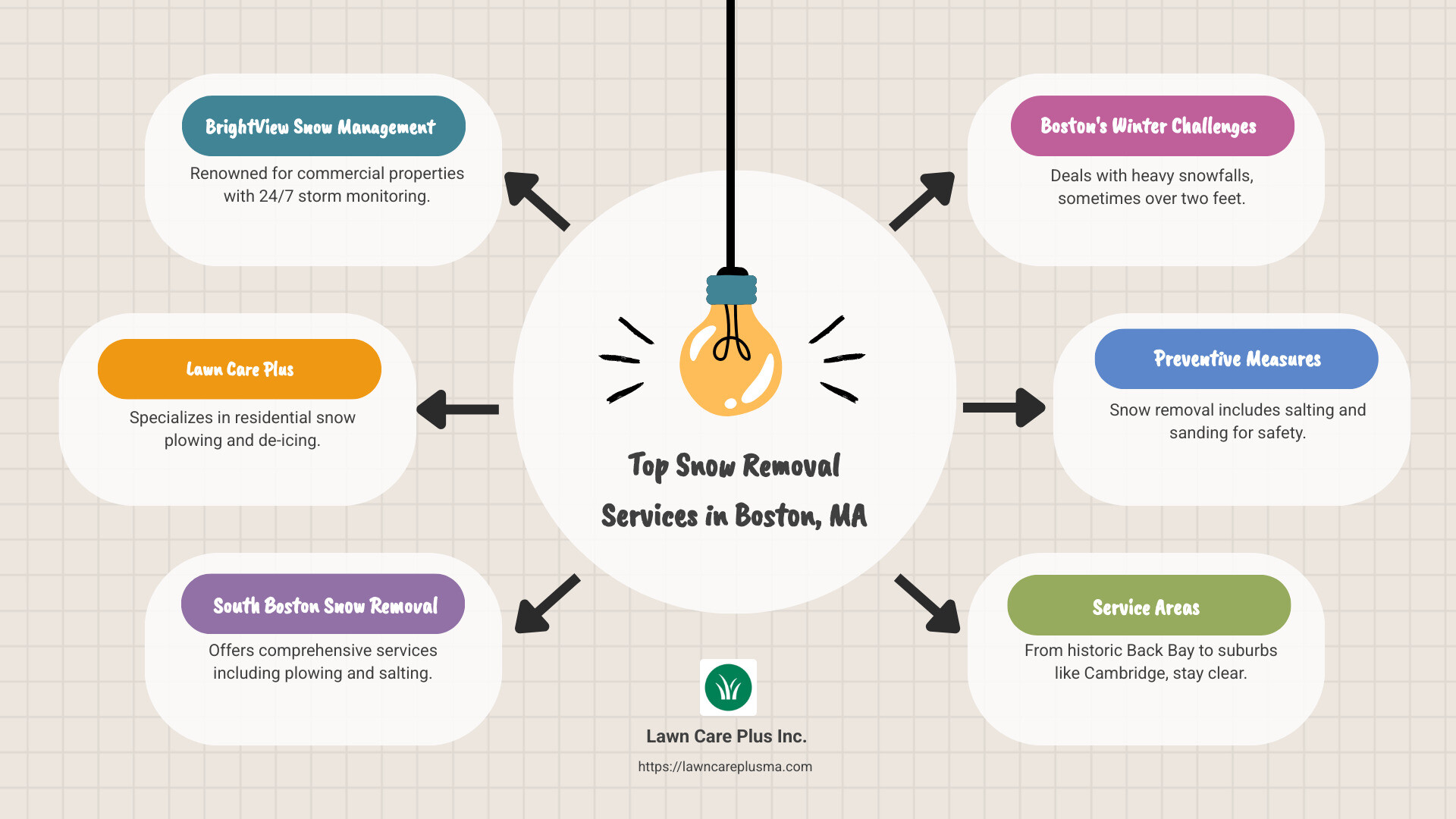 Infographic highlighting top Boston snow removal services, their service areas, and contact info - snow removal services boston ma infographic brainstorm-6-items