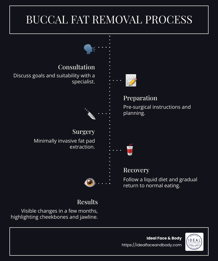 Infographic of Buccal Fat Removal Process - buccal fat removal before and after infographic infographic-line-5-steps-dark