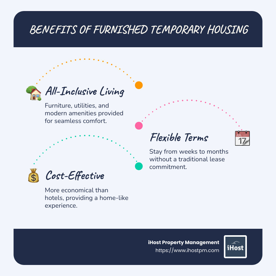 Infographic depicting benefits of furnished temporary housing such as flexibility, cost-effectiveness, and convenient locations - furnished temporary housing infographic infographic-line-3-steps-blues-accent_colors