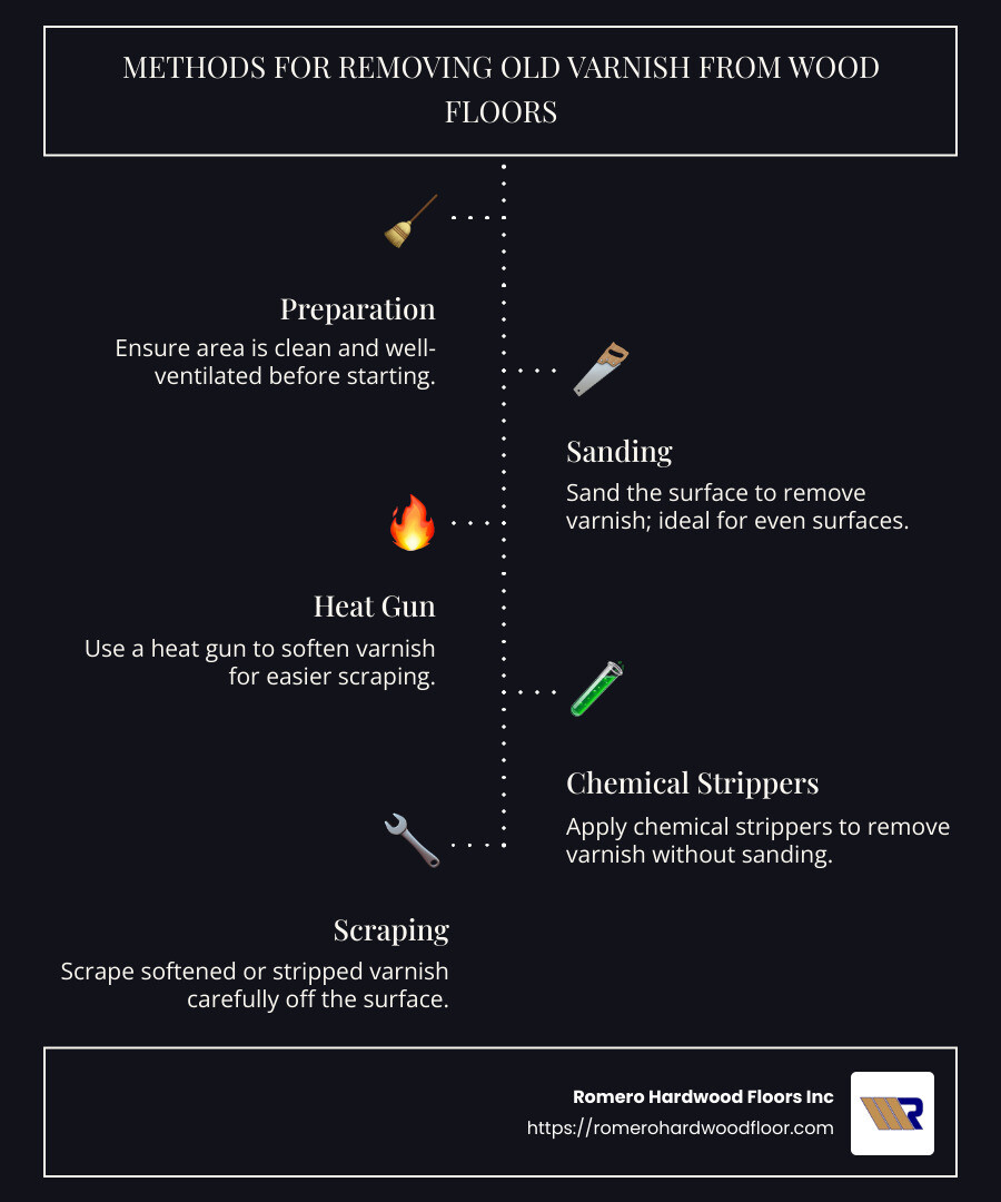 Steps to remove old varnish from wood floors visually summarized - removing old varnish from wood floors infographic infographic-line-5-steps-dark