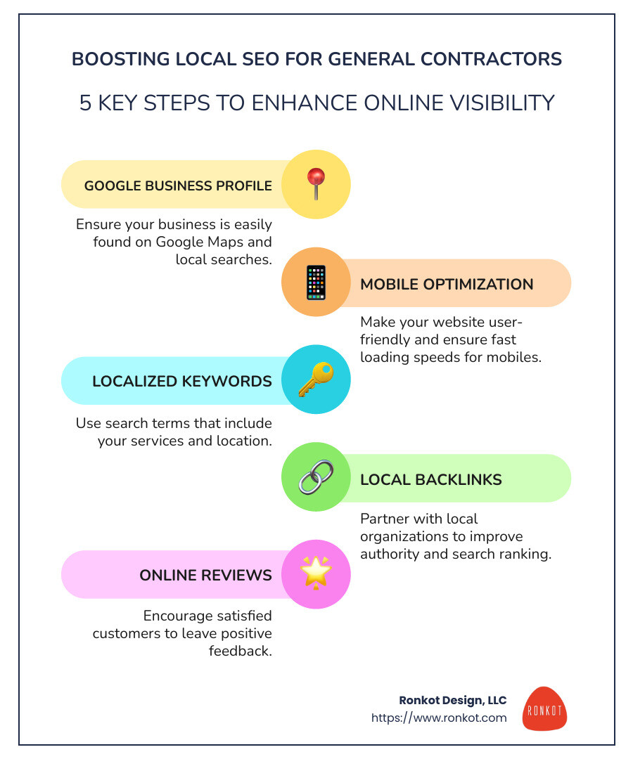 Infographic with steps for improving local SEO for contractors - local seo for general contractors infographic infographic-line-5-steps-colors