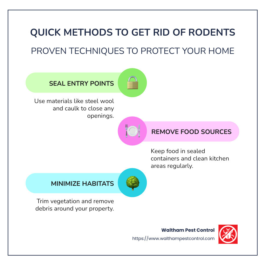 Infographic detailing quick methods for getting rid of rodents, including sealing entry points, removing food sources, and minimizing habitats - get rid of rodents infographic infographic-line-3-steps-colors