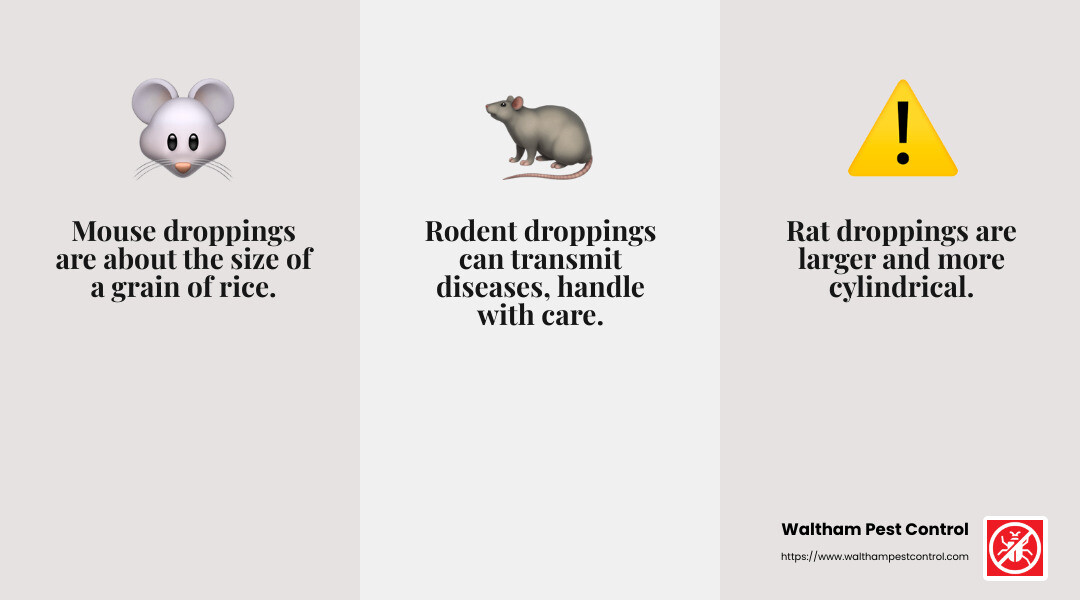 Mouse droppings are smaller and often mistaken for cockroach droppings. - get rid of rodents infographic 3_facts_emoji_grey