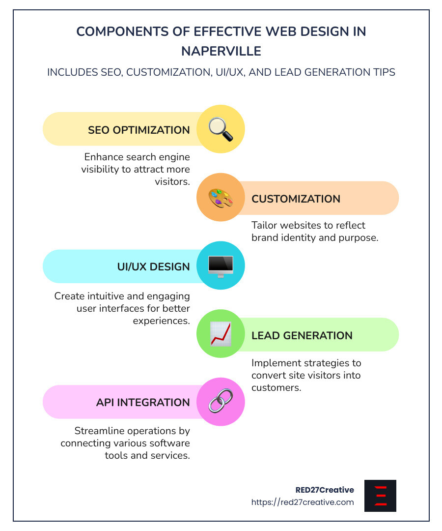 Naperville's Web Design Wonders: A Comprehensive Guide • web design in naperville • RED27Creative Components of Effective Web Design in Naperville - Includes SEO, Customization, UI/UX, and Lead Generation Tips - web design in naperville infographic infographic-line-5-steps-colors