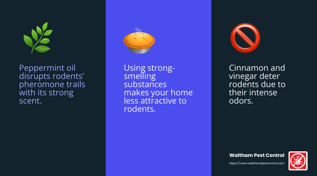 Rodents are sensitive to strong smells, making natural repellents like peppermint oil and vinegar effective. - get rid of rodents infographic 3_facts_emoji_blue