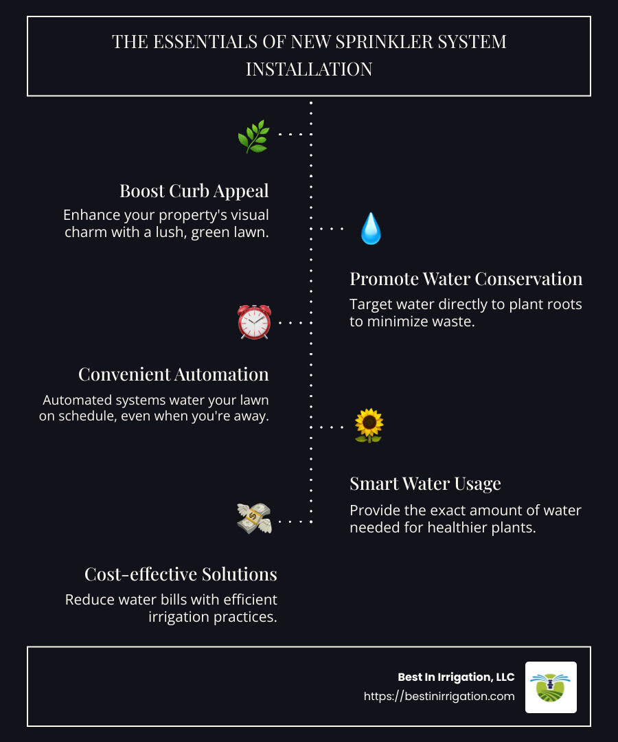 Components and Benefits of a Sprinkler System - new sprinkler system installation infographic infographic-line-5-steps-dark