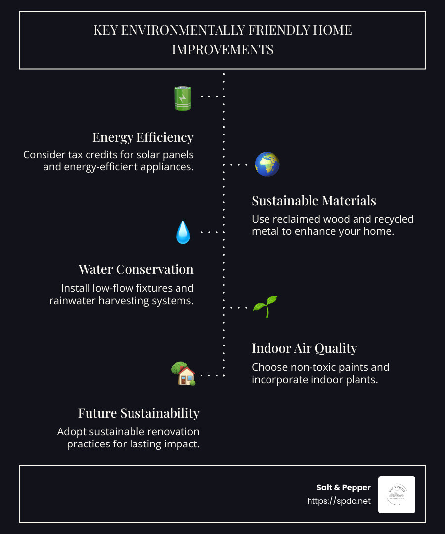 Infographic showing key environmentally friendly home improvements including tax credits, sustainable materials, and water conservation - environmentally friendly home improvements infographic infographic-line-5-steps-dark