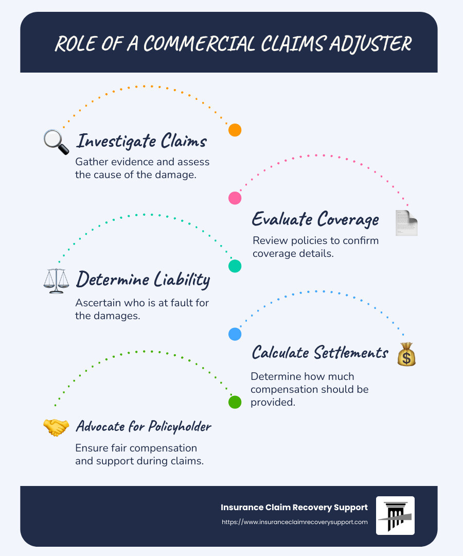 Infographic: Role of a Commercial Claims Adjuster - Key Duties and Compensation Process - what does a commercial claims adjuster do infographic infographic-line-5-steps-blues-accent_colors