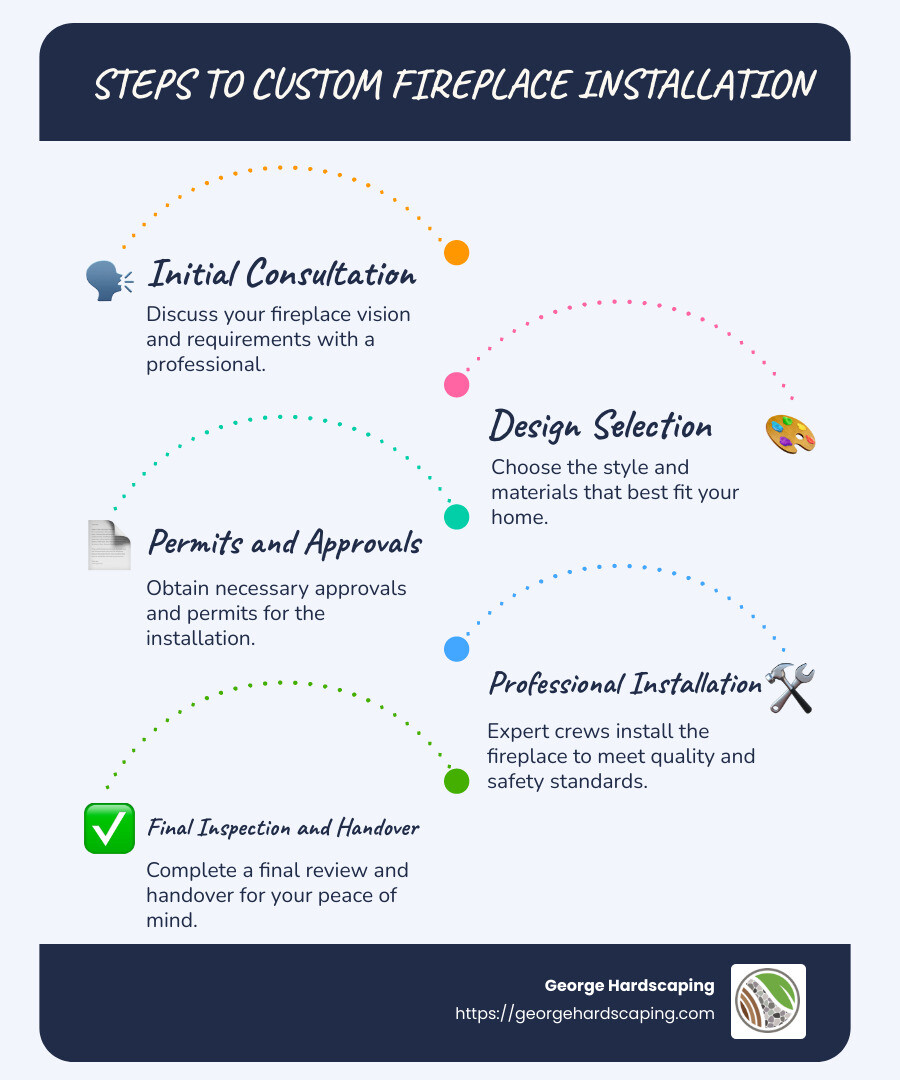 "Steps to Custom Fireplace Installation" infographic: Step 1 - Initial Consultation; Step 2 - Design Selection; Step 3 - Permits and Approvals; Step 4 - Professional Installation; Step 5 - Final Inspection and Handover. - custom fireplace installation infographic infographic-line-5-steps-blues-accent_colors