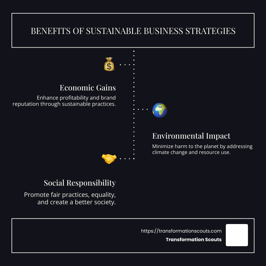Overview of benefits of sustainable business strategies like economic gains, environmental impact, and social responsibility - business sustainability strategies infographic infographic-line-3-steps-dark
