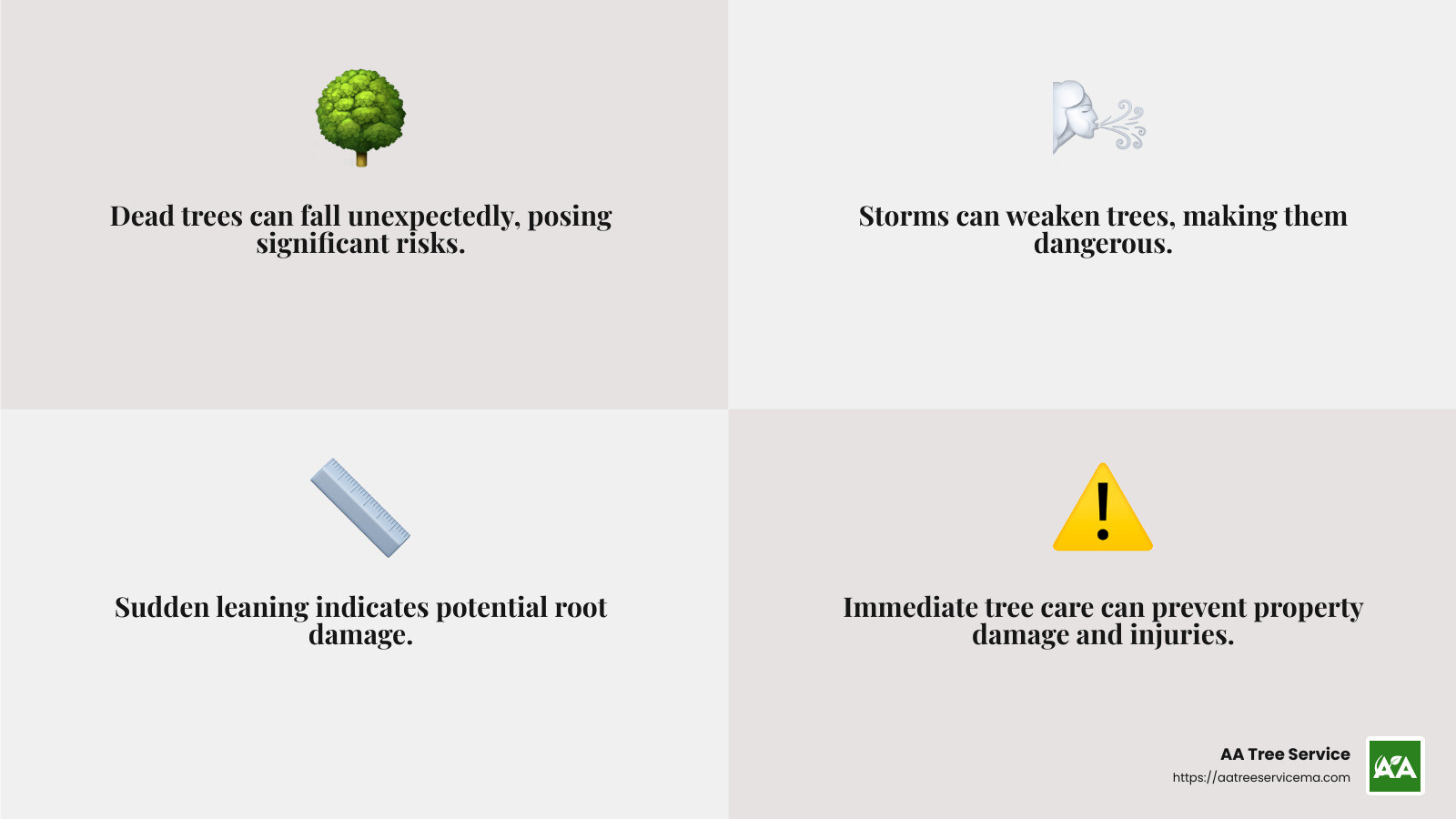 Tree leaning dangerously after a storm - Same-day tree service NH infographic 4_facts_emoji_grey