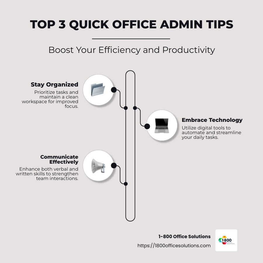 Infographic showing top 3 quick office admin tips: Stay organized, accept technology, communicate effectively - office admin tips infographic infographic-line-3-steps-neat_beige Infographic showing top 3 quick office admin tips: Stay organized, accept technology, communicate effectively - office admin tips infographic infographic-line-3-steps-neat_beige