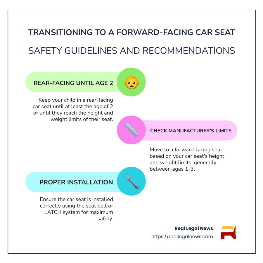 Infographic showing safe transition from rear-facing to forward-facing car seats with age, height, and weight guidelines. - age for facing forward car seat infographic infographic-line-3-steps-colors