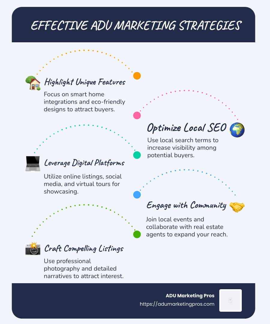 Detailed infographic illustrating effective ADU marketing strategies, including local SEO, digital platforms, community engagement, and unique feature highlights, aimed at increasing leads and brand presence for ADU companies. - Accessory Dwelling Unit Company Marketing infographic infographic-line-5-steps-blues-accent_colors