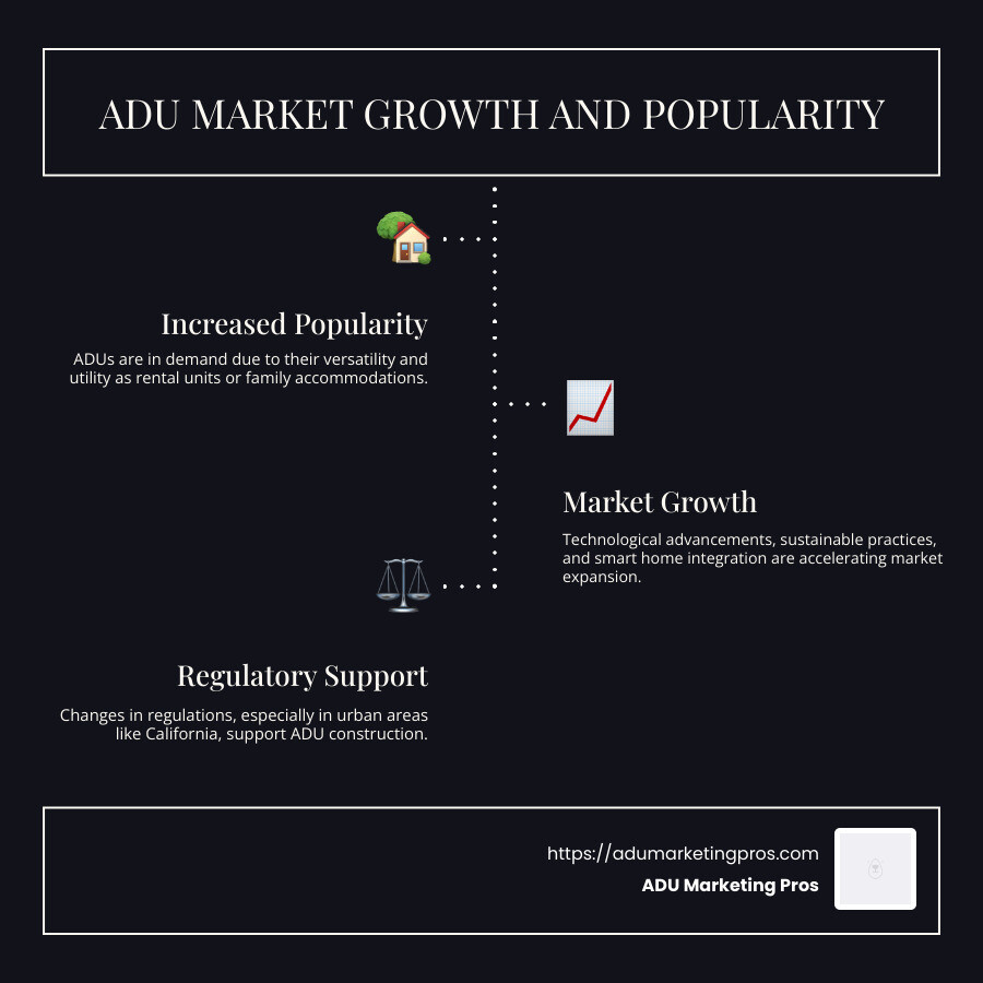Infographic highlighting ADU market growth and popularity, detailing types of ADUs, current trends, and regional regulatory support driving the demand - marketing for construction companies of accessory dwelling units (ADU) infographic infographic-line-3-steps-dark