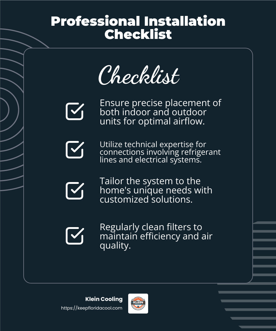 Professional installation is crucial for optimal performance and longevity of ductless systems. - Ductless HVAC systems infographic checklist-dark-blue