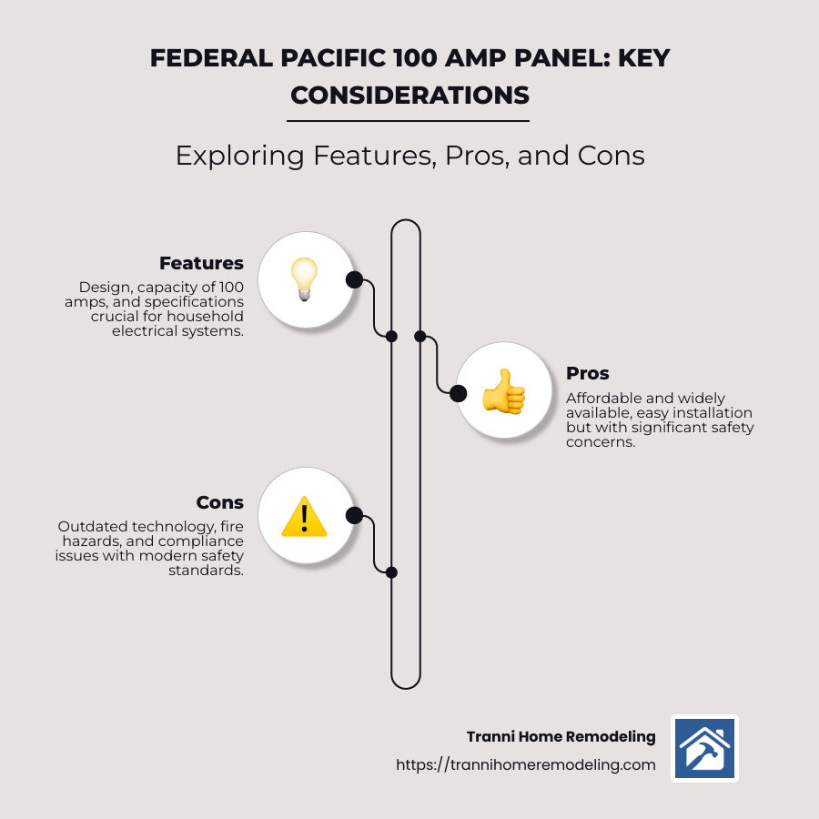 Federal Pacific 100 Amp Panel: Features, Pros, and Cons 1 Infographic listing panel features, pros, and safety concerns in tabular form, highlighting outdated technology and potential hazards with bullet points and icons - federal pacific 100 amp panel infographic infographic-line-3-steps-neat_beige
