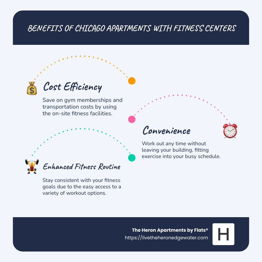 List of amenities that attract modern urban professionals to Chicago apartments with fitness centers, including luxury features, cost efficiency, and everyday convenience. - Chicago apartments fitness center infographic infographic-line-3-steps-blues-accent_colors