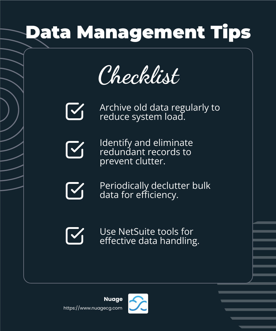 Effective data management is crucial for performance optimization - NetSuite application performance infographic checklist-dark-blue